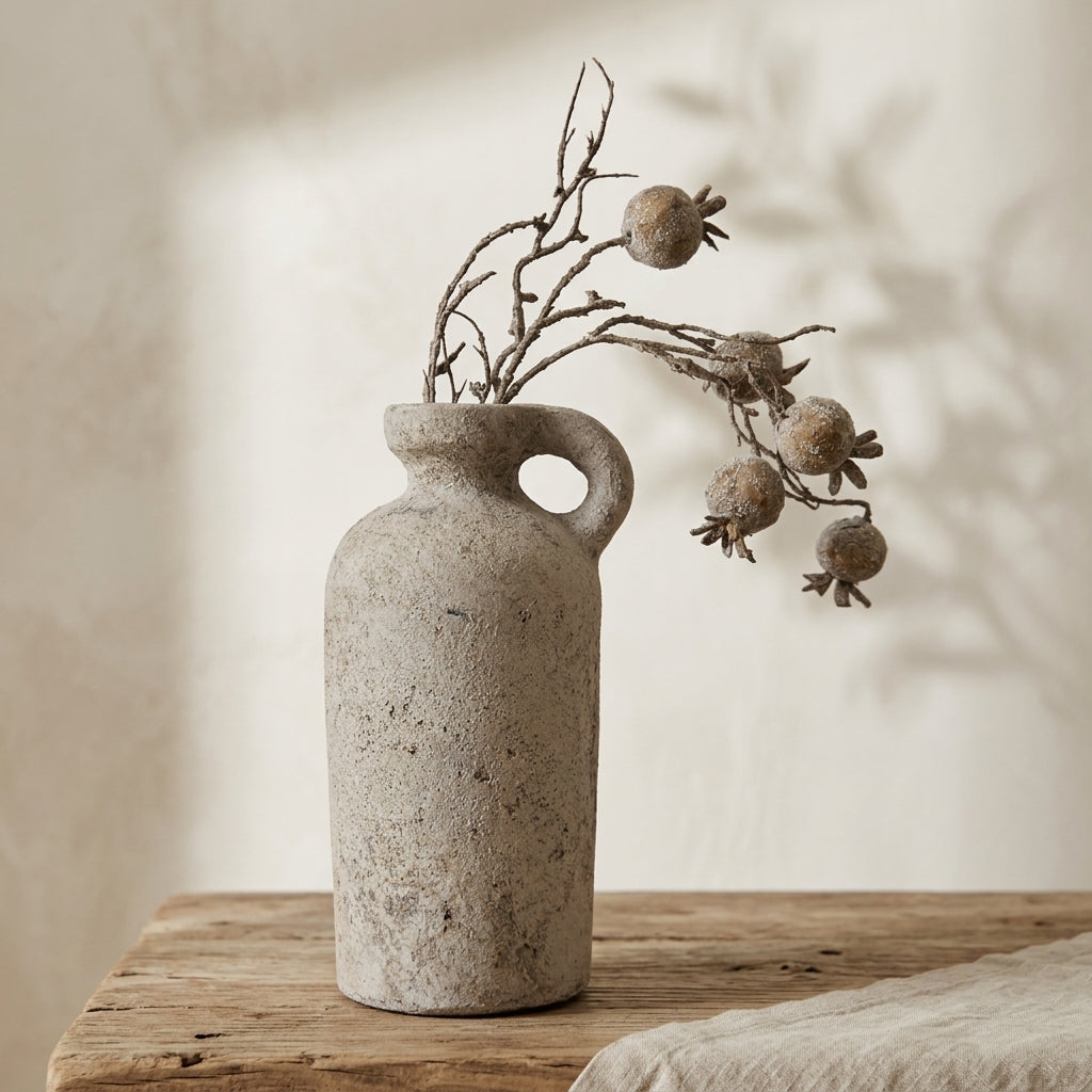 Schlanke Keramikvase mit einem Henkel, verwittertes Grau-Braun, mit getrockneten Beerenzweigen